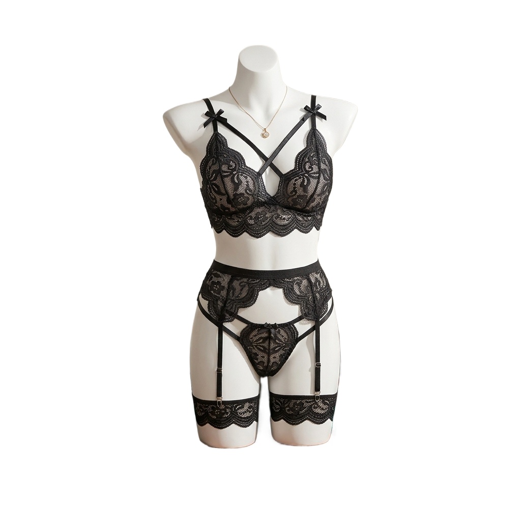 Garter Belt Set - Damen-Set aus floraler Spitzen-Dessous, bestehend aus